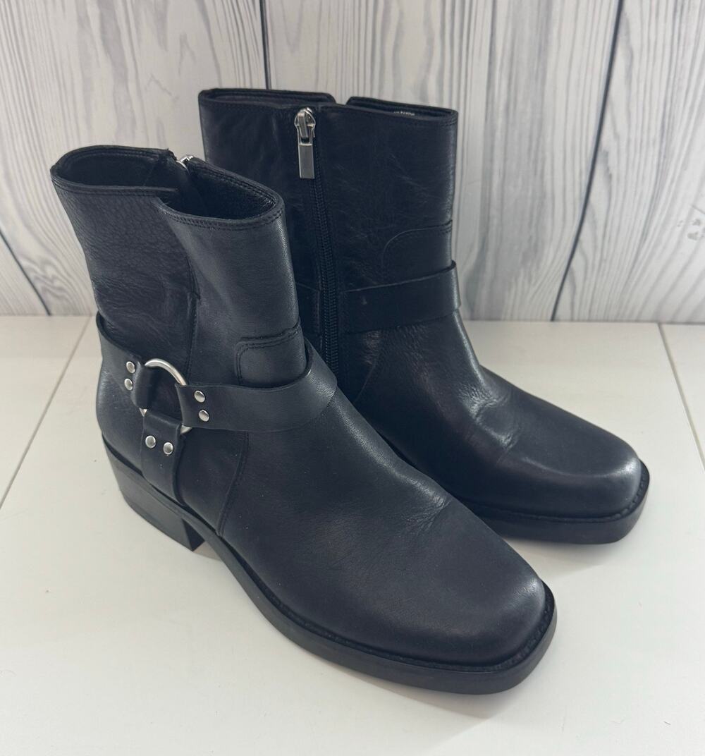 Sole Society Moto  Leather Booties 6.5 (37) Black Combat Moto Boots Lug Sole